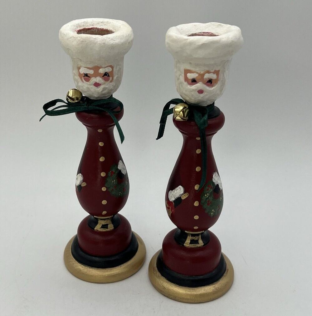 Set 2 Hand Painted Folk Art Wood Candlestick Santa Father Christmas Signed